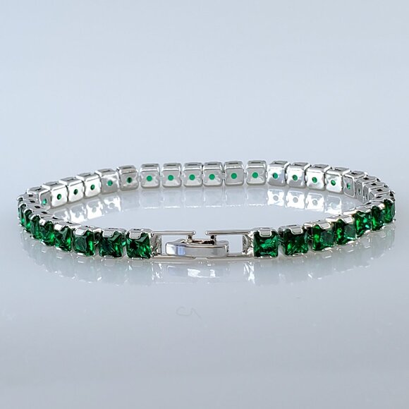 14K White Gold Womens 2ct Square Green Emerald Tennis Bracelet Silver Jewelry 7\